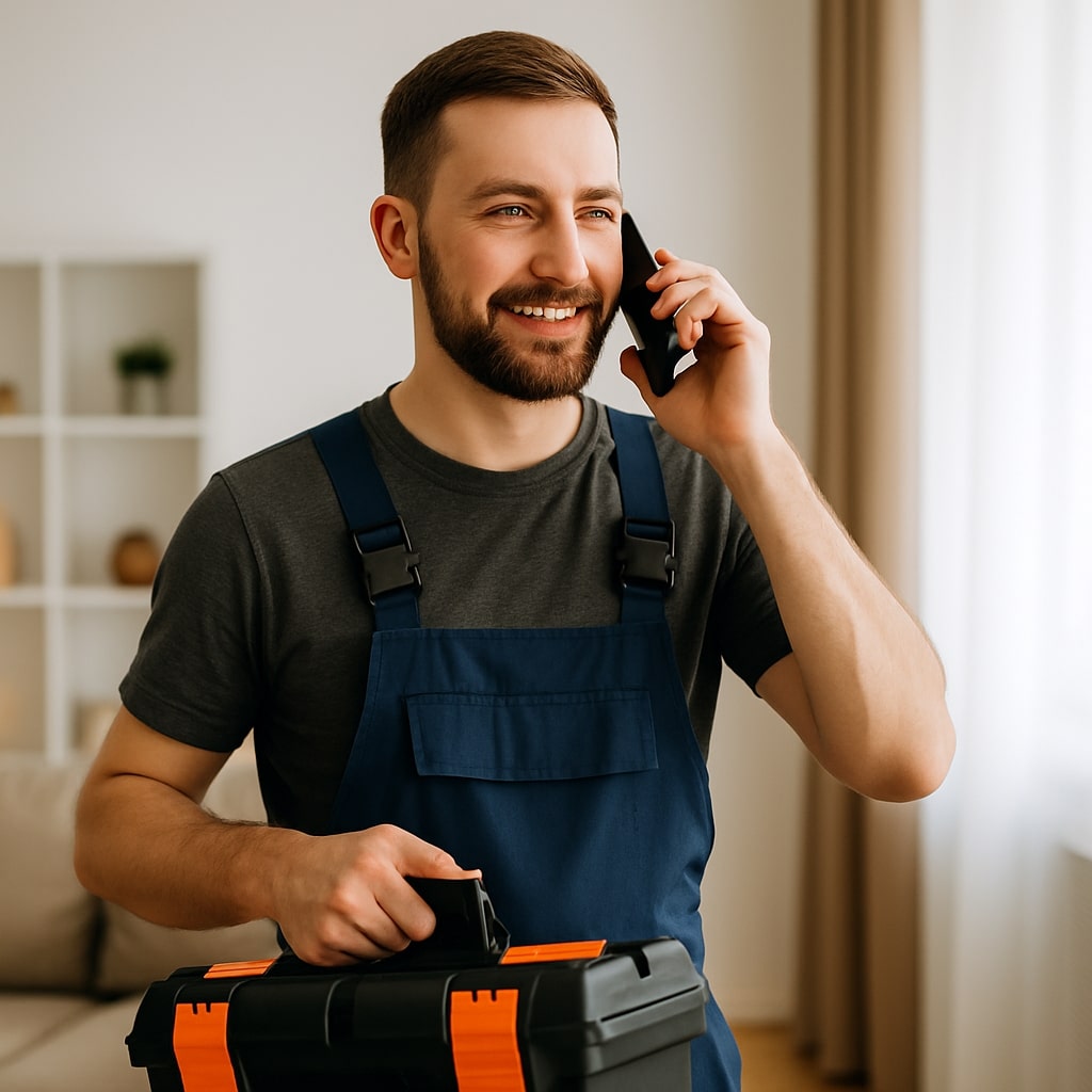 Yerinde tamir hizmeti için müşterisiyle telefonda görüşen marangoz ustası Mobilya ustası iş önlüğüyle telefonla konuşuyor, diğer eliyle takım çantası taşıyor